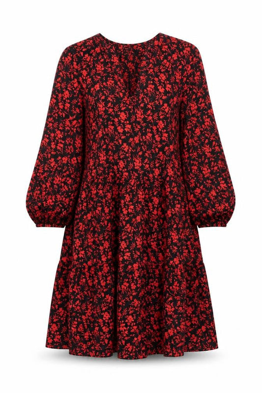Primark Women’s Black Red Floral A-Line V-Neck 3/4 Sleeve Dress Size 8