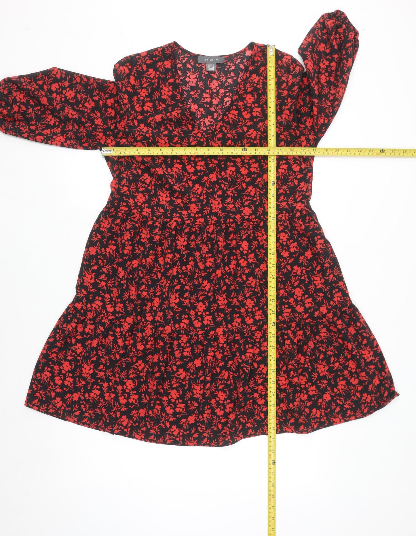 Primark Women’s Black Red Floral A-Line V-Neck 3/4 Sleeve Dress Size 8