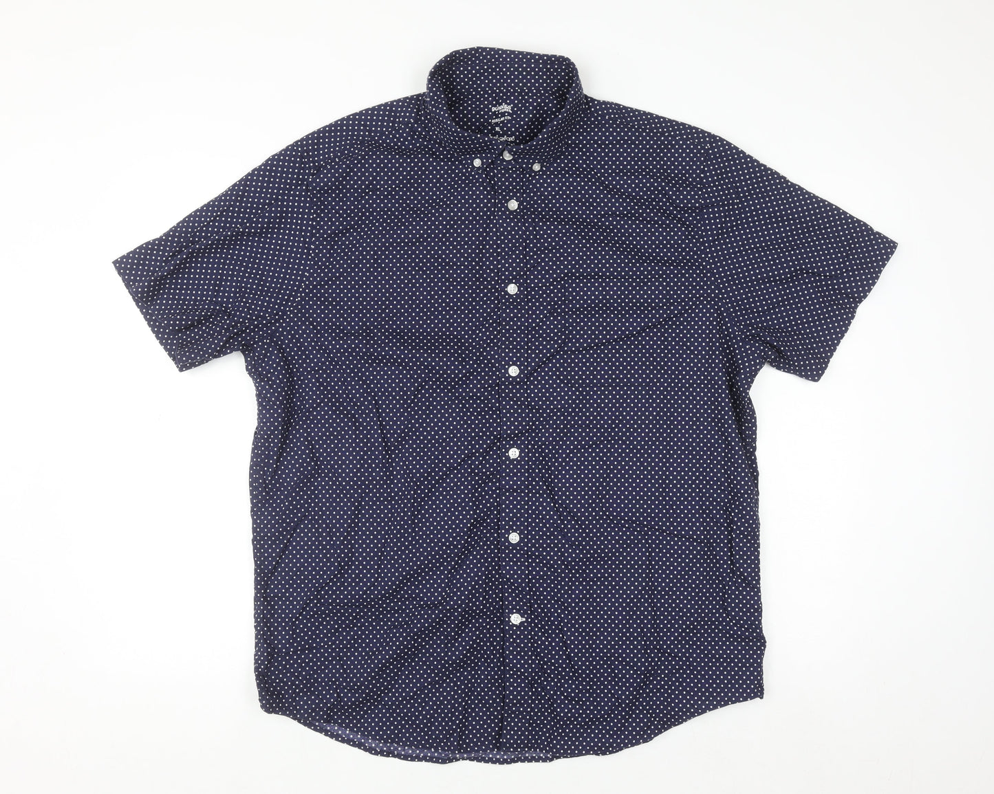 Dunnes Stores Men's Blue Polka Dot Short Sleeve Regular Fit Cotton Button-Up Shirt XL