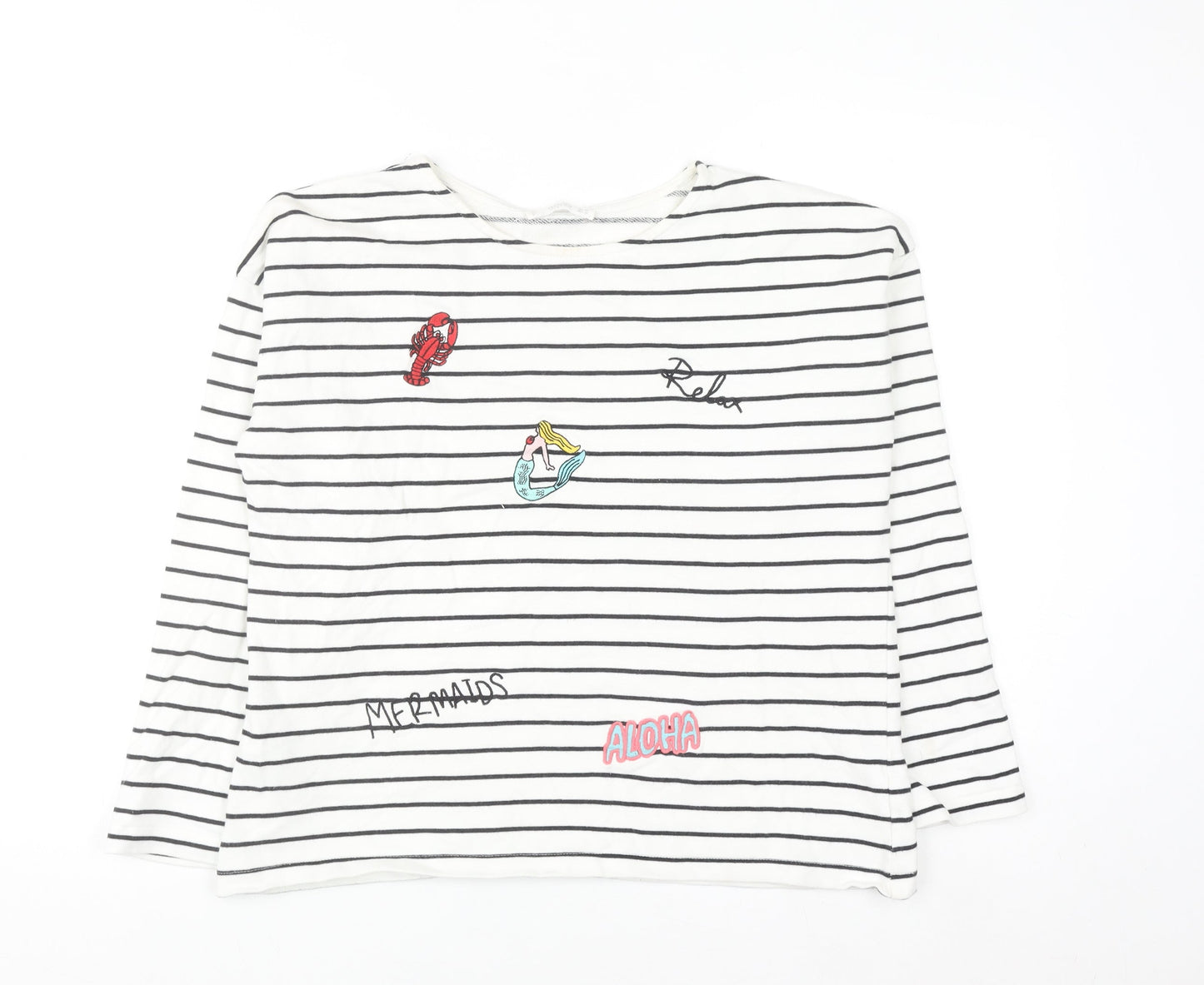 Mango Women White Striped Mermaid Embroidered Cotton Sweatshirt XS