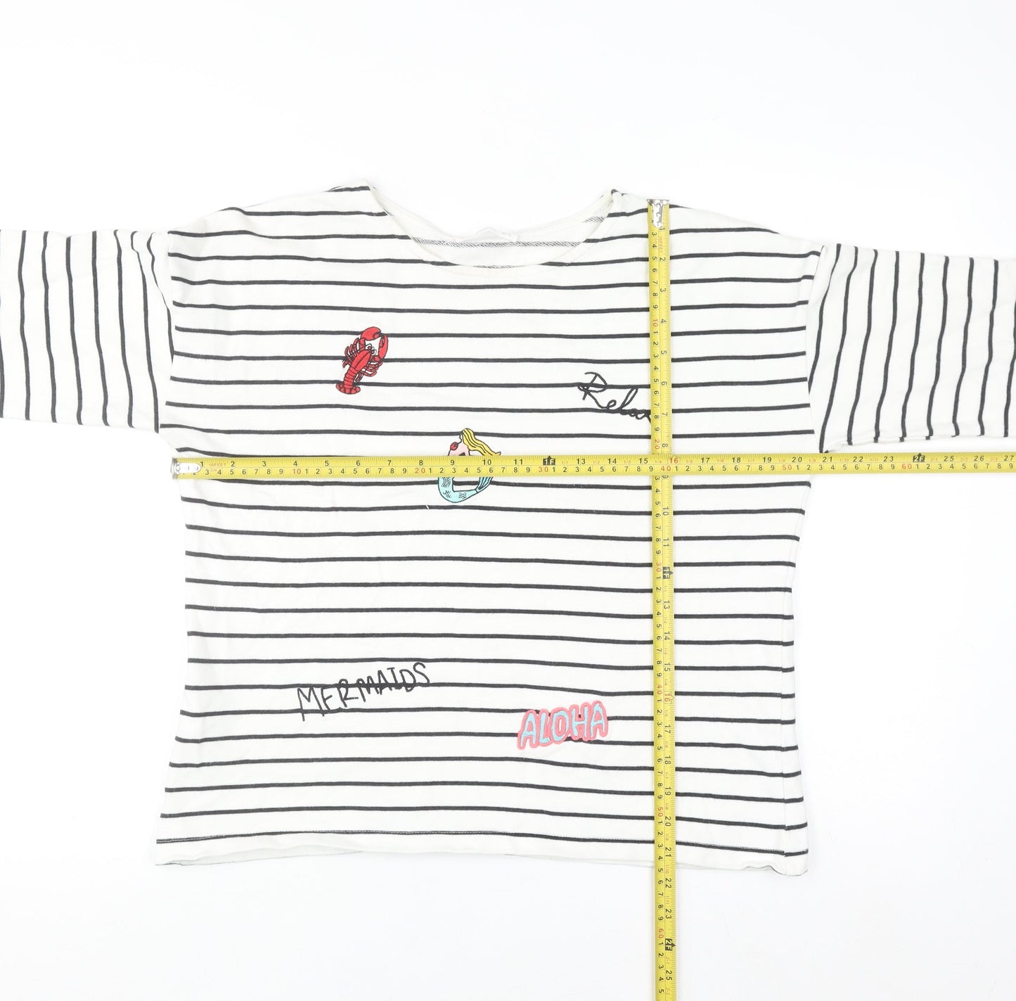 Mango Women White Striped Mermaid Embroidered Cotton Sweatshirt XS
