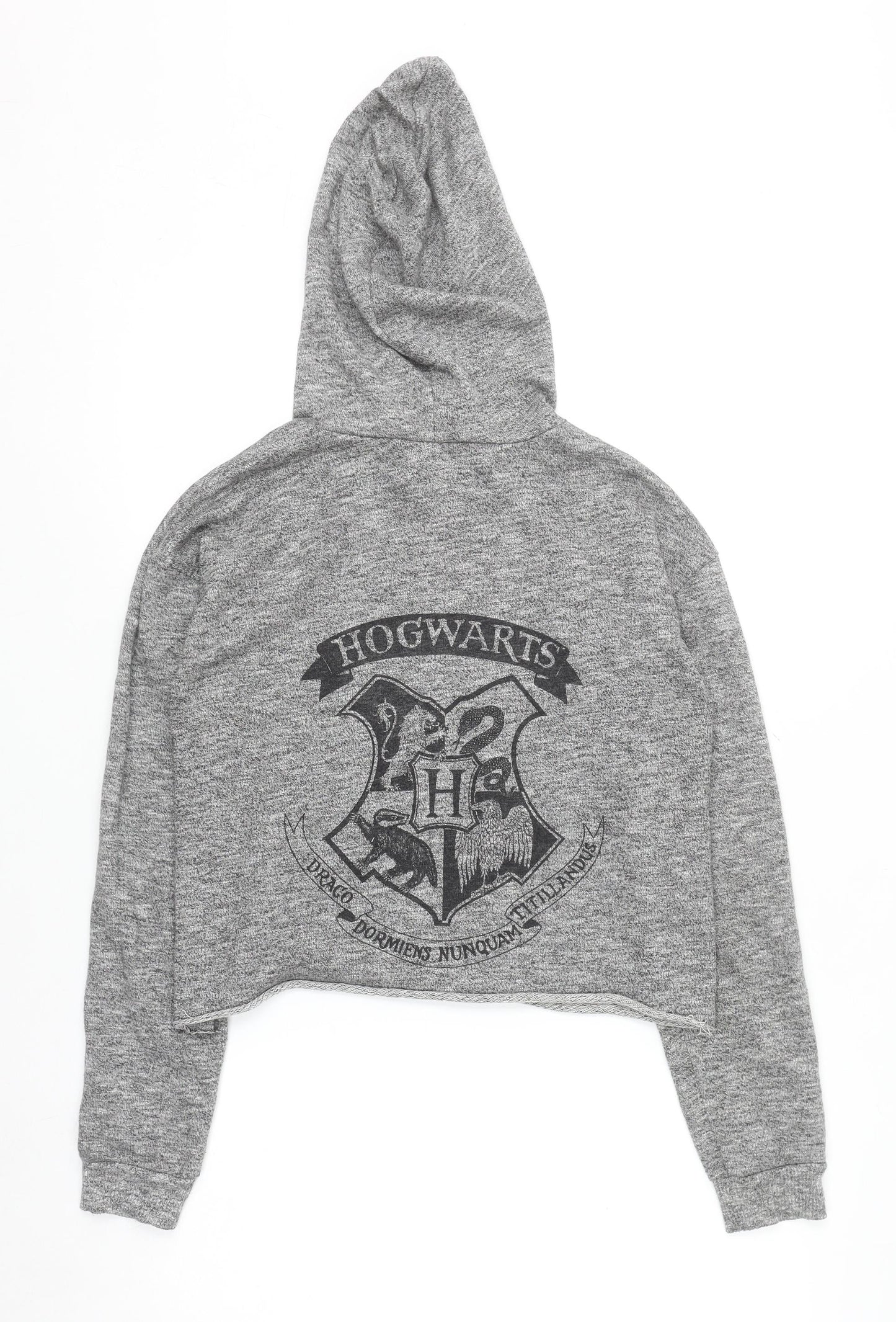 Harry Potter Women's Grey Cropped Pullover Hoodie Size 10 Hogwarts Print
