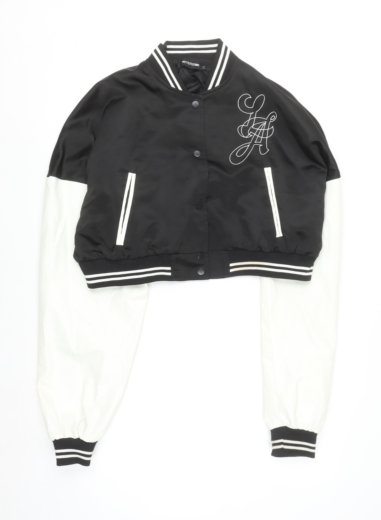 PrettyLittleThing Womens Black Varsity Jacket XL Cropped Los Angeles Embroidered