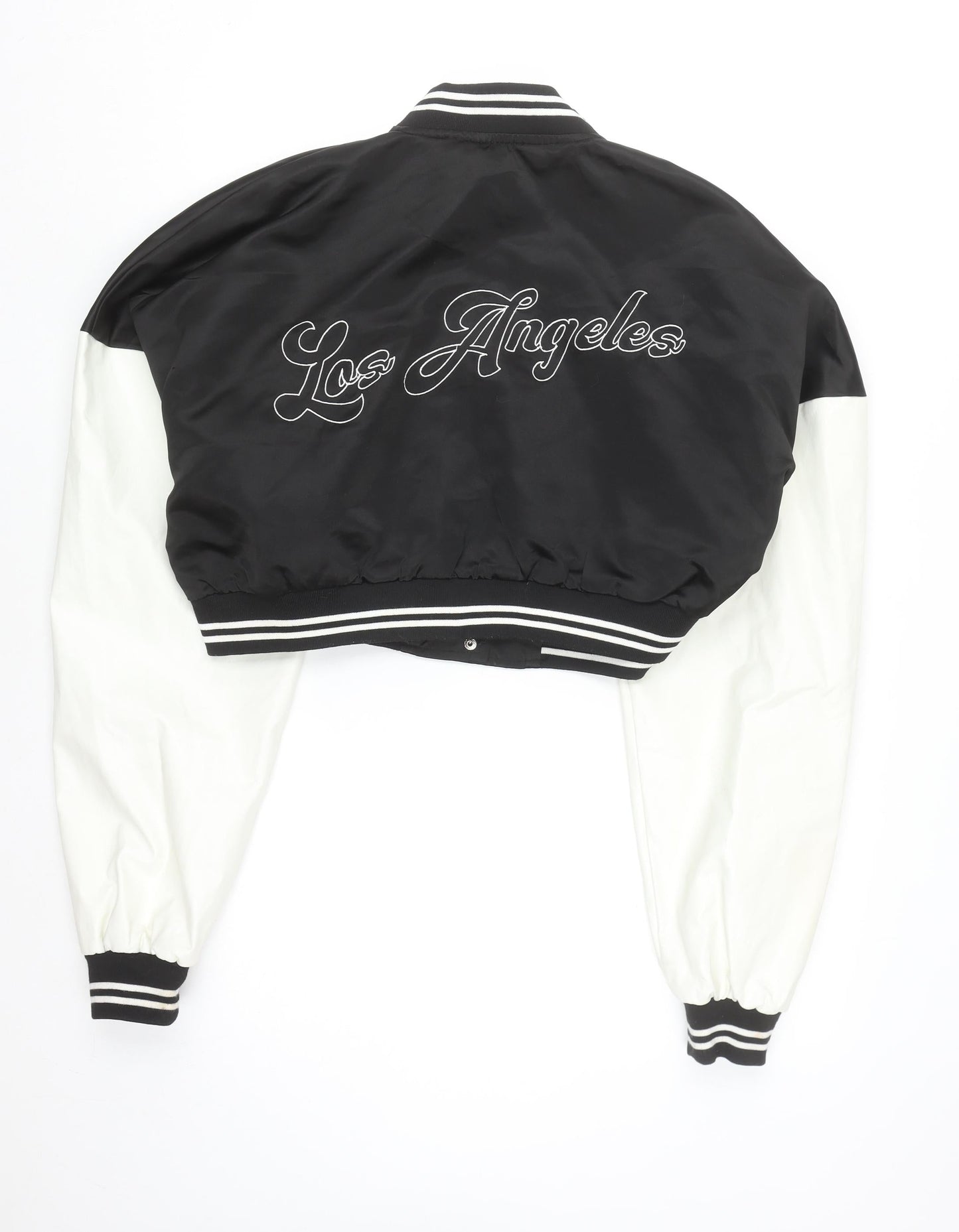 PrettyLittleThing Womens Black Varsity Jacket XL Cropped Los Angeles Embroidered