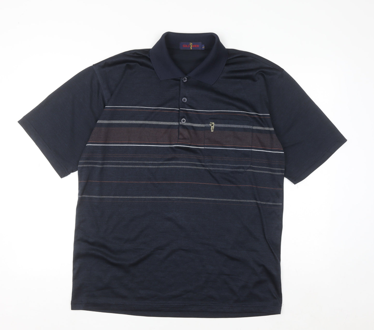 Gold Men Navy Blue Striped Golf Polo Shirt L Cotton Blend