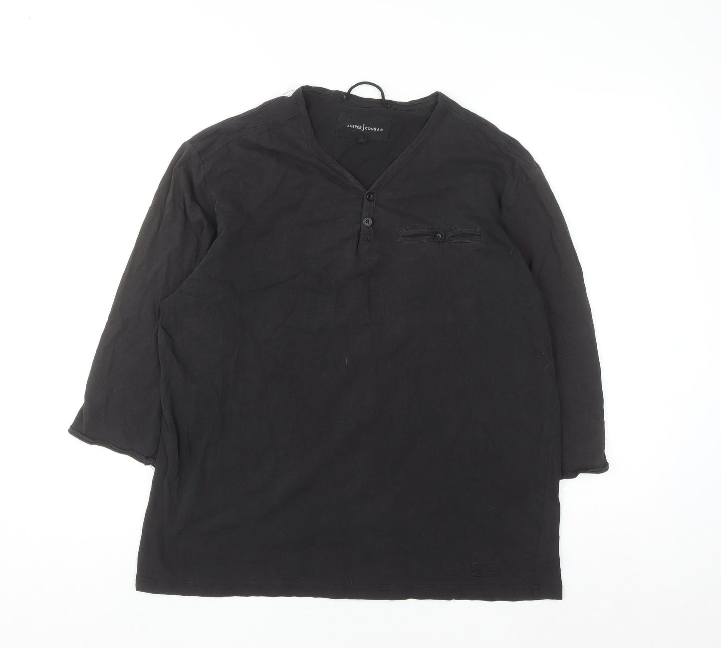 Jasper Conran Men's Black Cotton Henley Shirt L Long Sleeve Casual Top