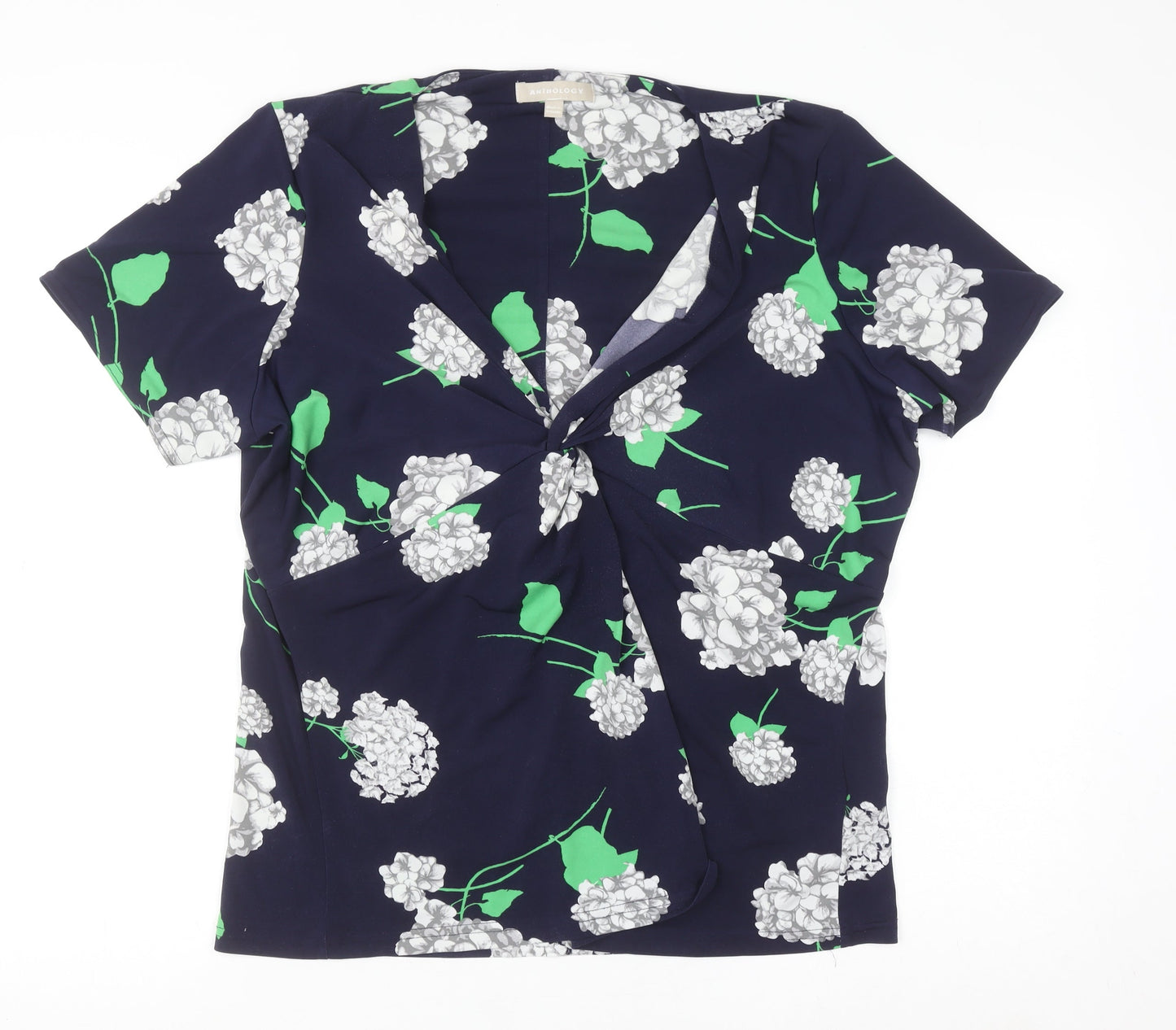 Anthology Women Blue Floral Wrap Blouse Size 18 Short Sleeve