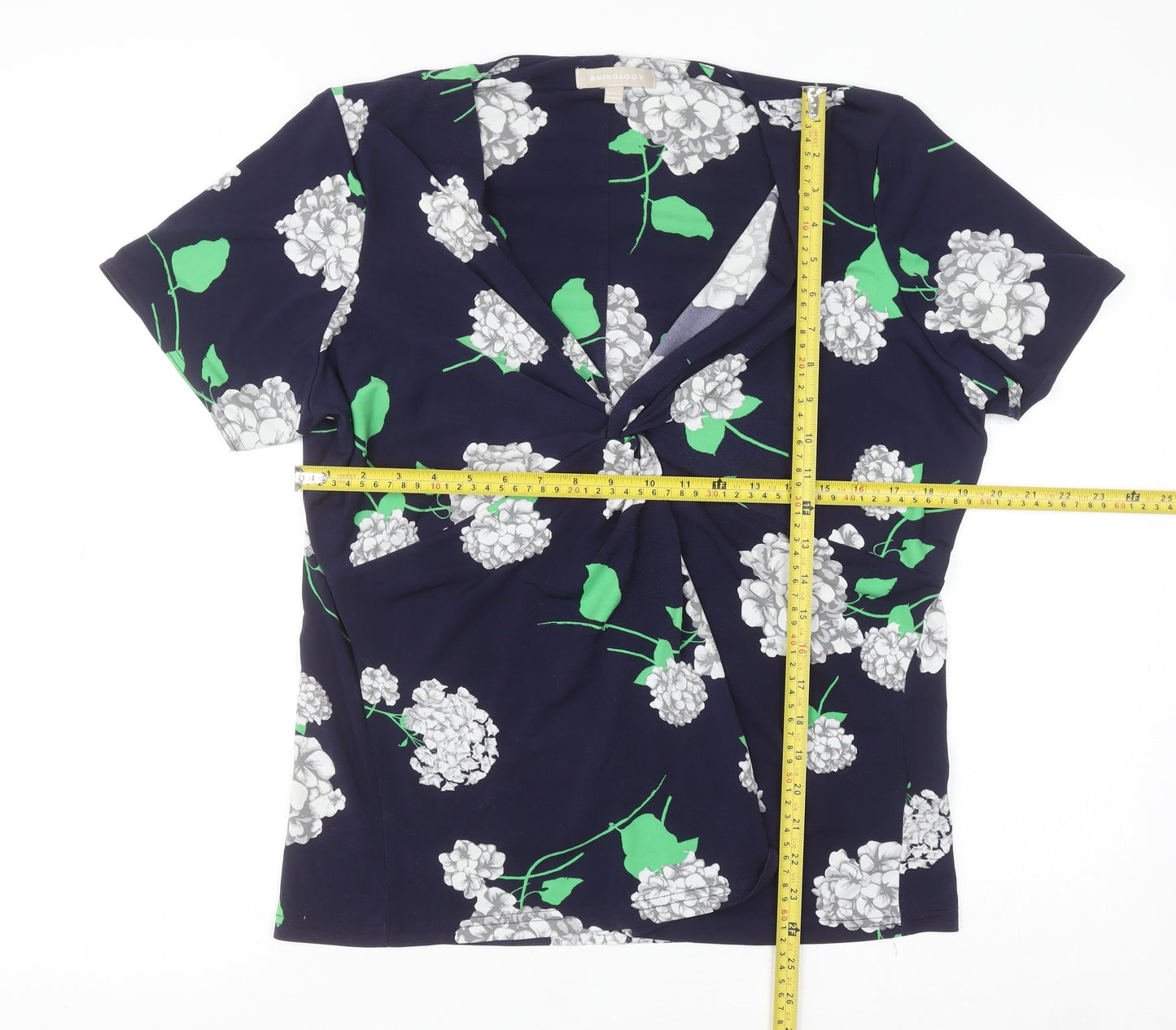Anthology Women Blue Floral Wrap Blouse Size 18 Short Sleeve
