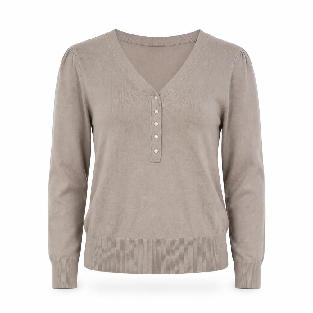 ZARA Women Beige V-Neck Henley Knit Jumper Size 12