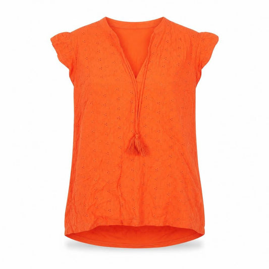 Front view of Dunnes Women Orange Cotton Tassel Tunic Blouse, size S