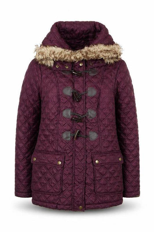 New Look Womens Purple Quilted Hooded Duffle Coat Size 12