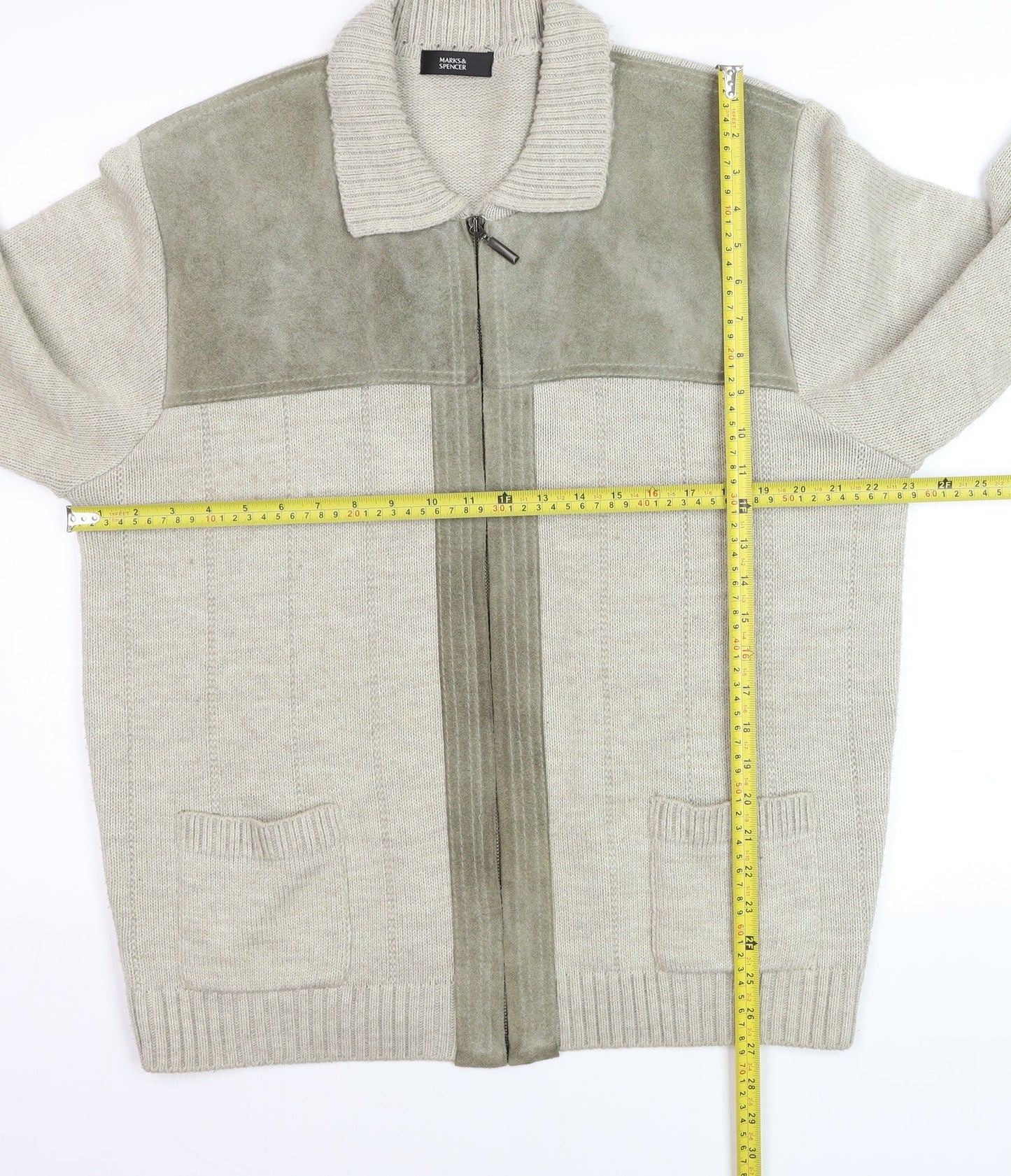 Marks and Spencer Men’s Beige Full Zip Collared Jumper L Wool Blend