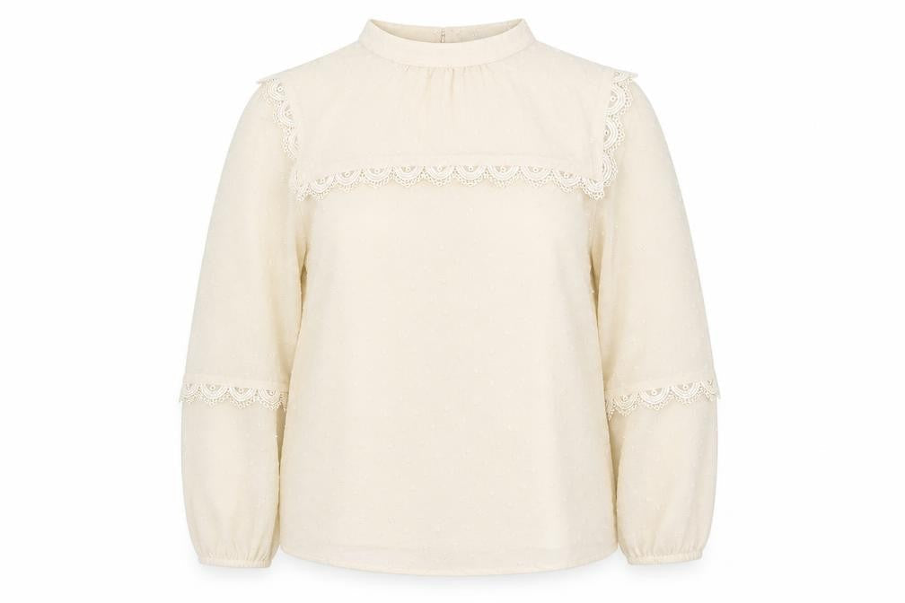 Oasis Women Ivory Lace Long Sleeve High Neck Tunic Blouse Size 12
