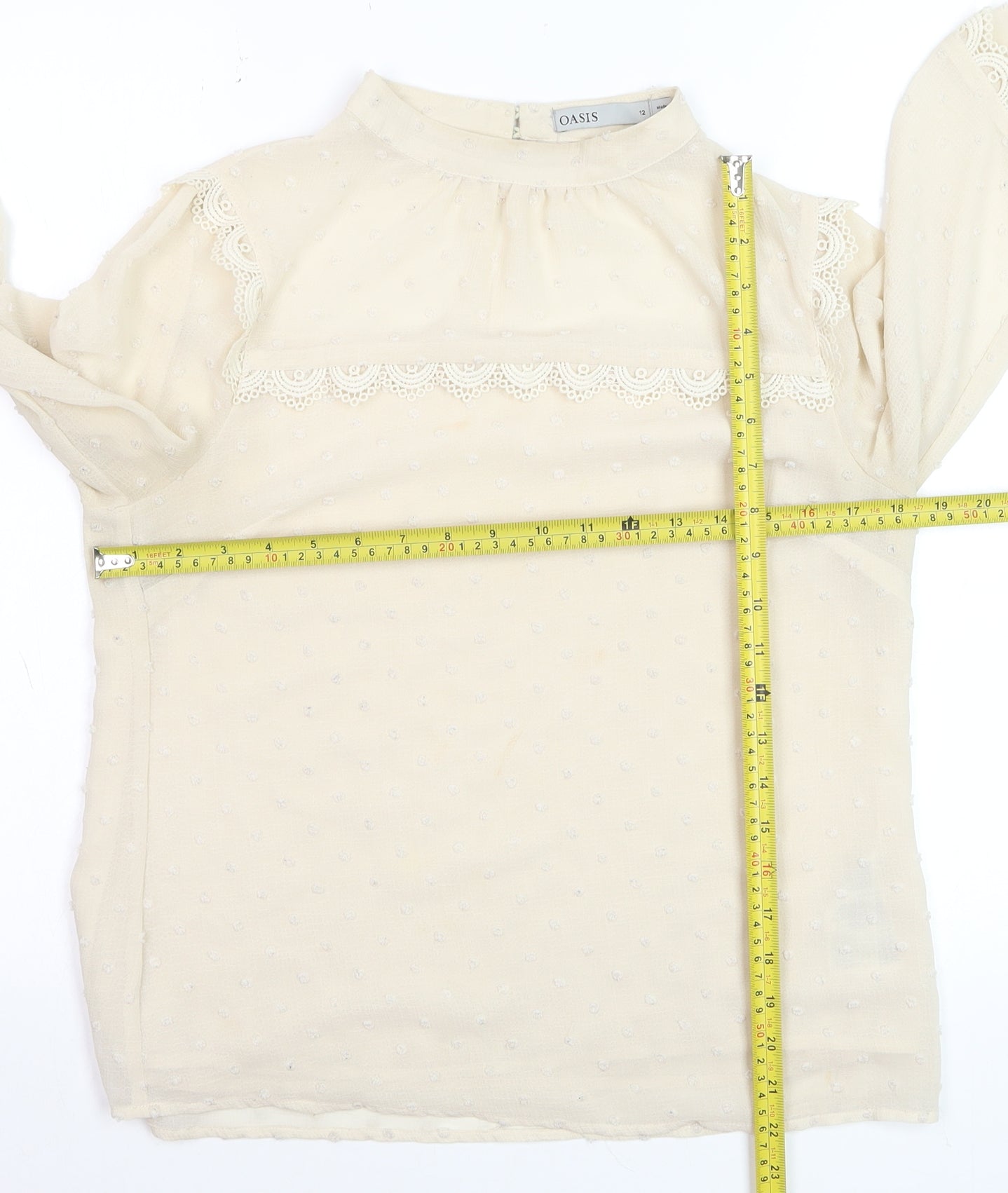 Oasis Women Ivory Lace Long Sleeve High Neck Tunic Blouse Size 12