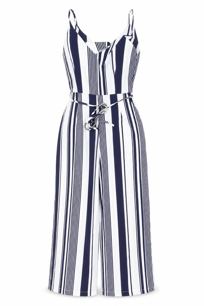 AX Paris Women’s Navy & White Striped Belted Jumpsuit Size 8 Summer Casual