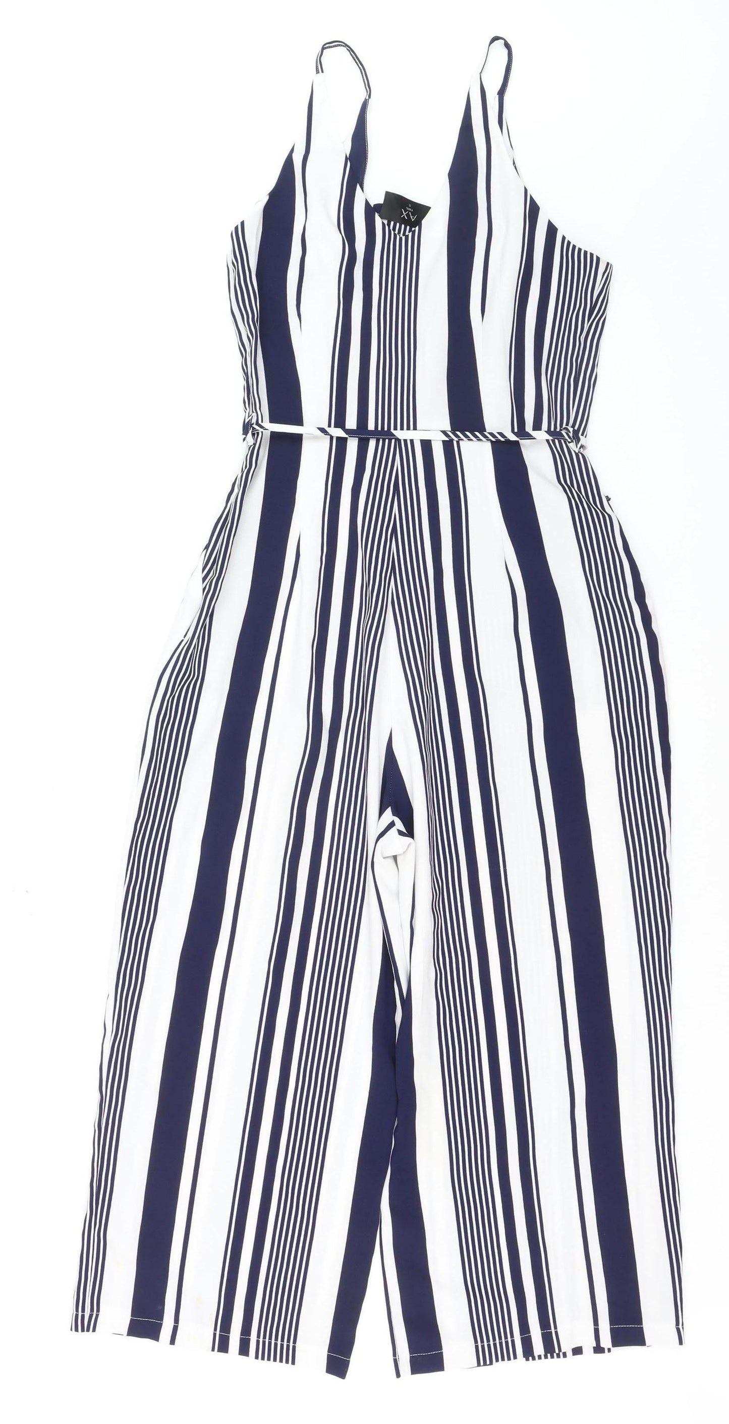 AX Paris Women’s Navy & White Striped Belted Jumpsuit Size 8 Summer Casual