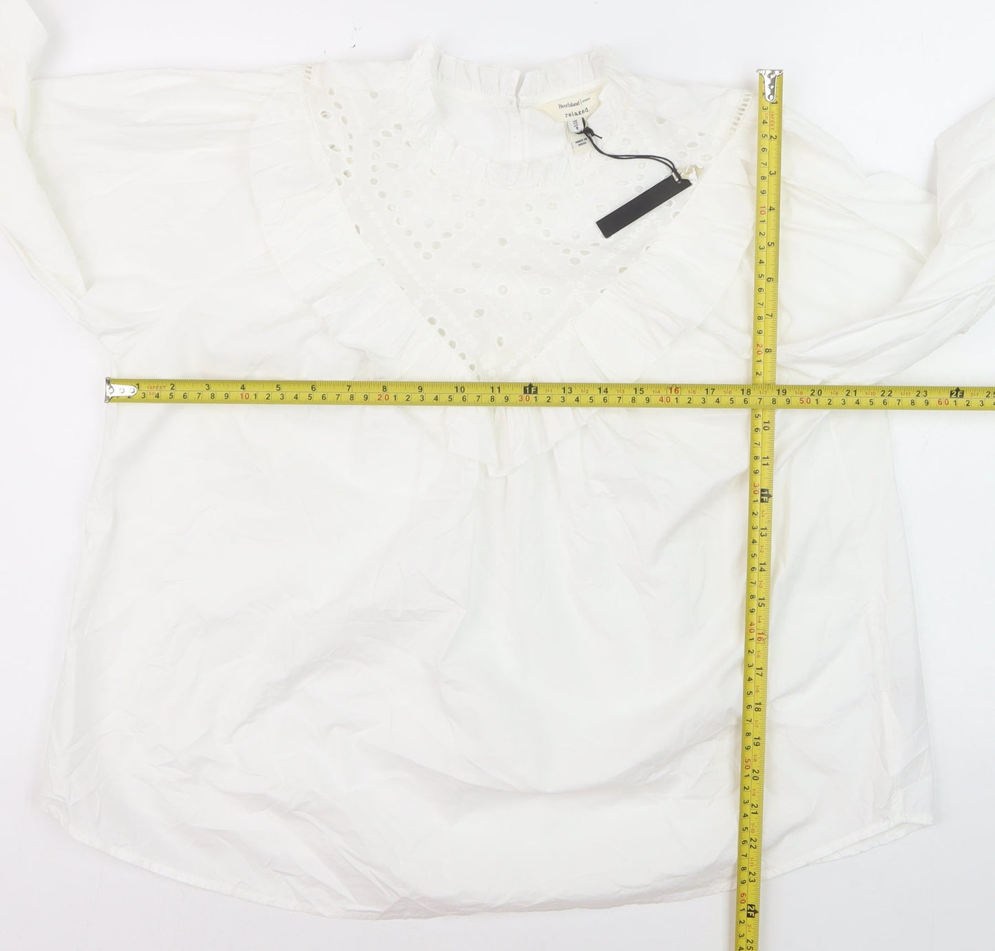River Island Women’s White Cotton Ruffle High Neck Blouse Size 12