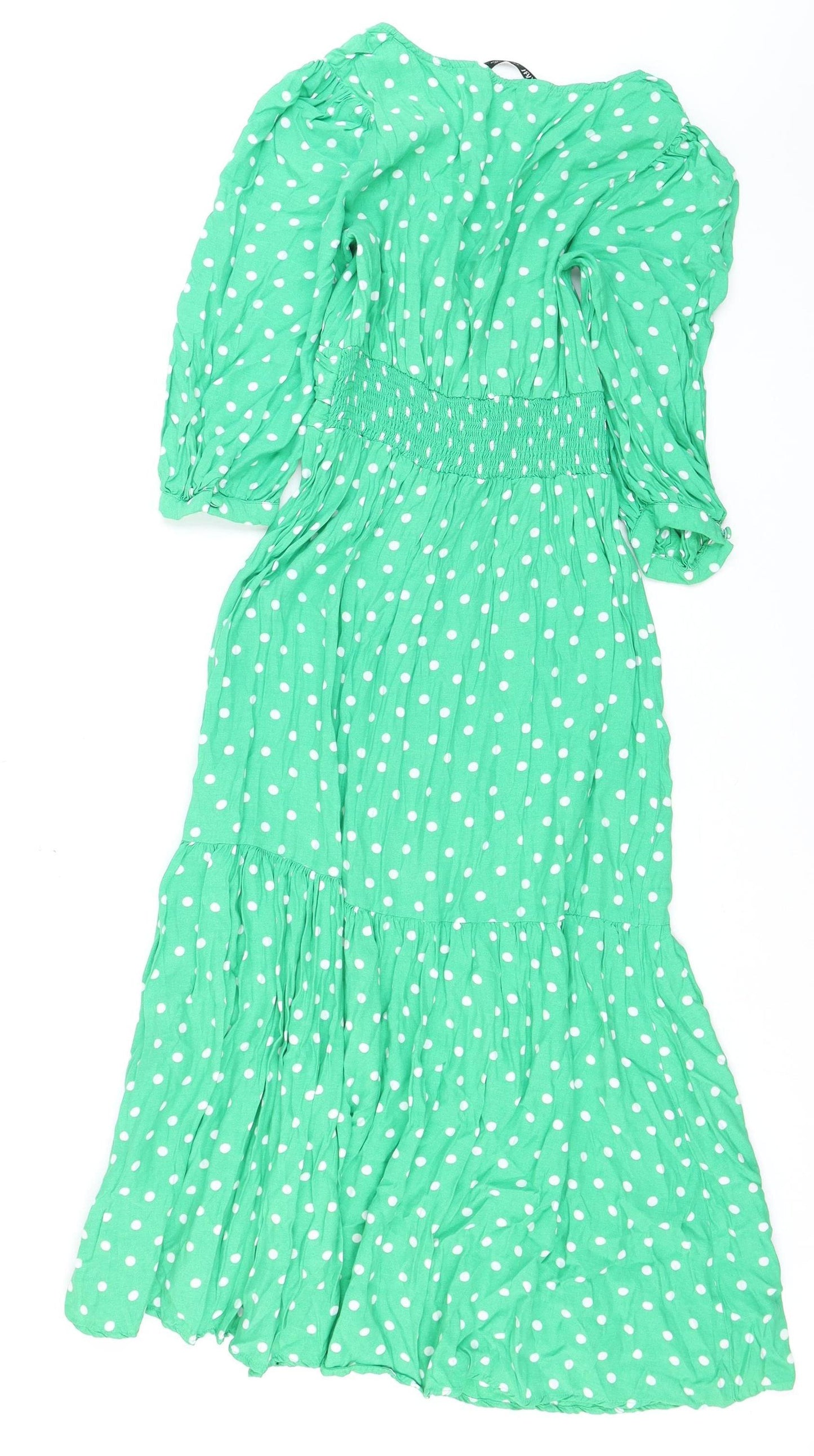 Zara Women Green Polka Dot Midi Fit & Flare Dress S