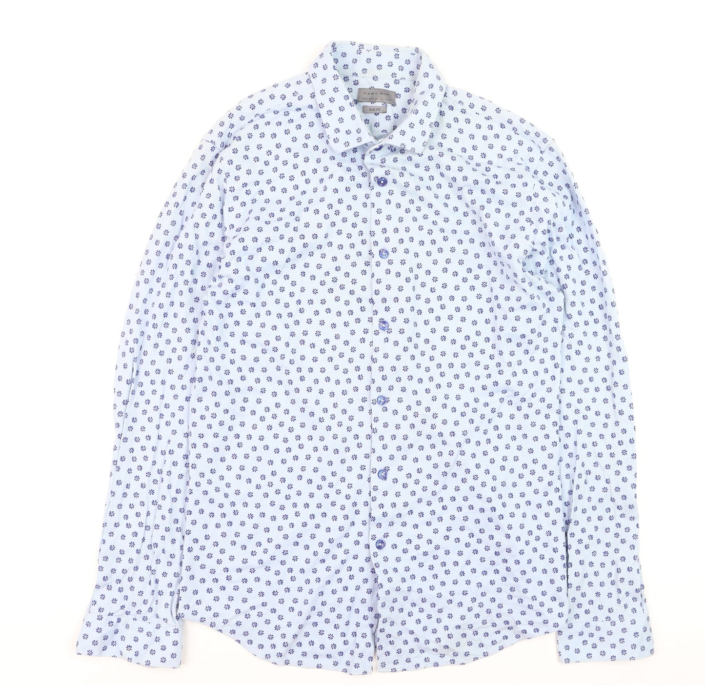 Zara Unisex White Floral Slim Fit Long Sleeve Button-Up Shirt L