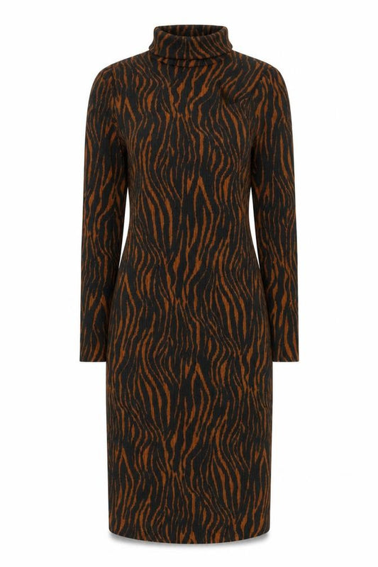 Zara Women Brown Animal Print Bodycon Knit Roll Neck Dress Size S