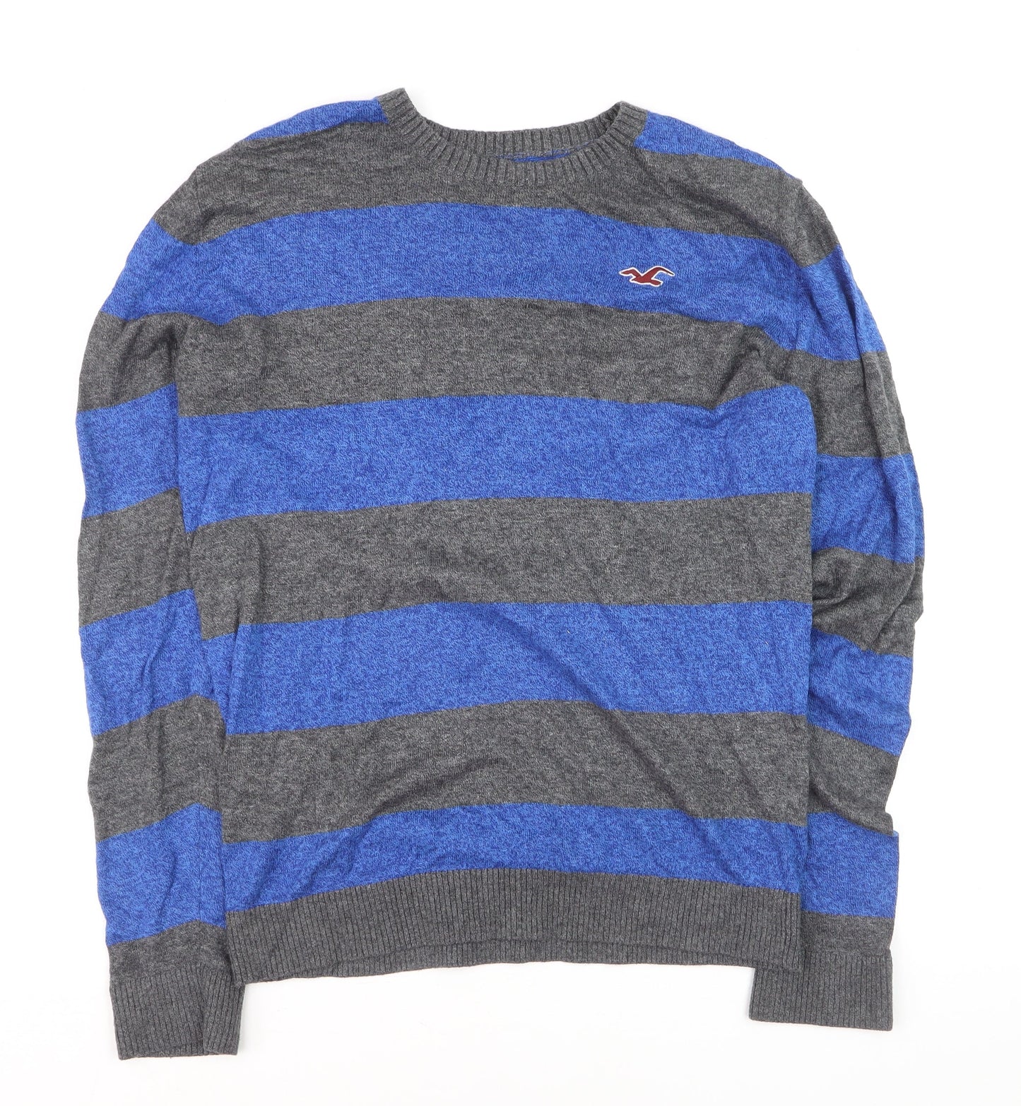Hollister Men’s Blue Grey Striped Crew Neck Pullover Jumper M