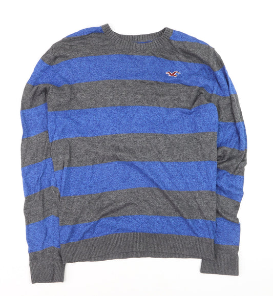 Hollister Men’s Blue Grey Striped Crew Neck Pullover Jumper M