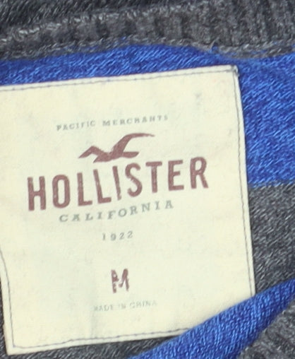 Hollister Men’s Blue Grey Striped Crew Neck Pullover Jumper M