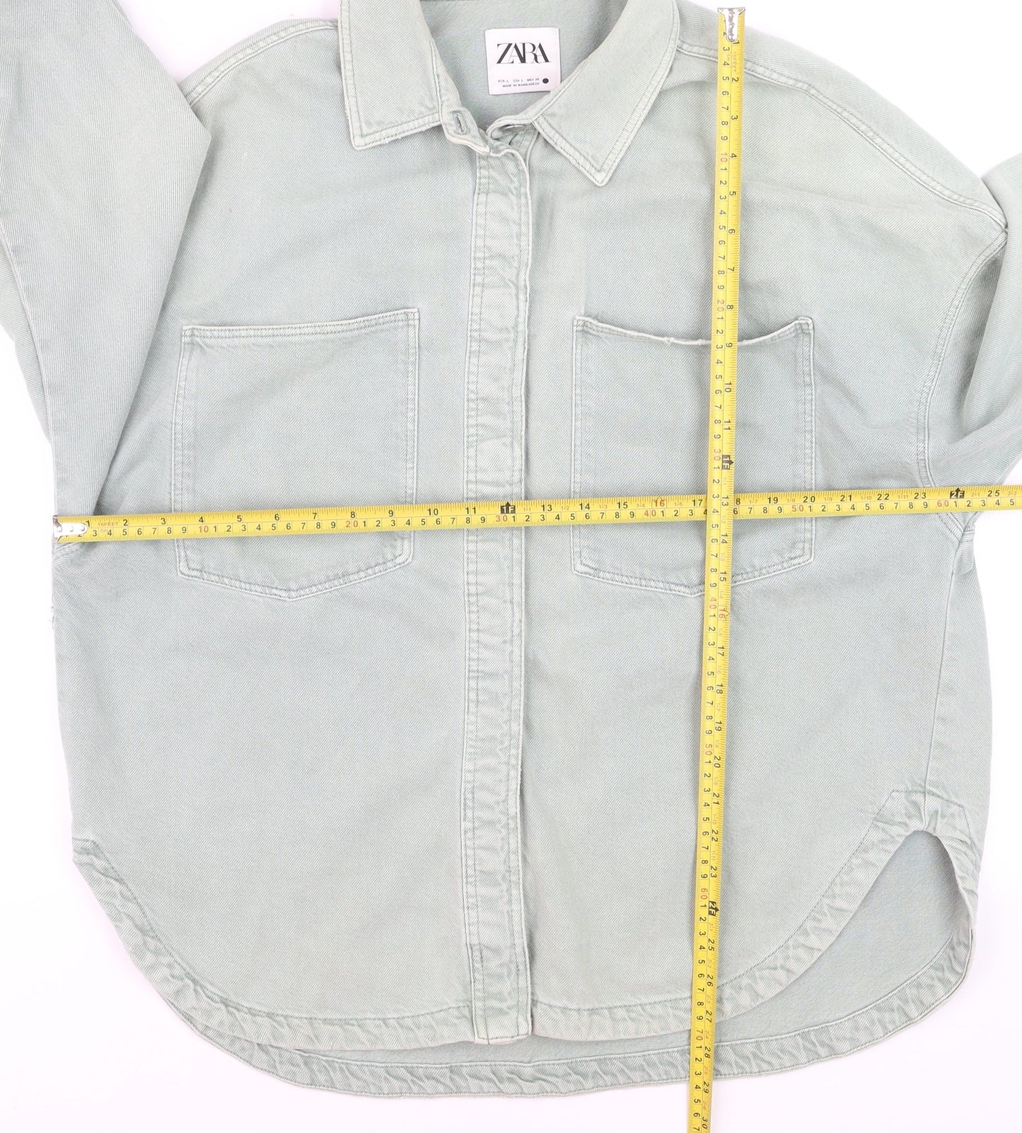 ZARA Men's Green Cotton Long Sleeve Button-Up Shirt L
