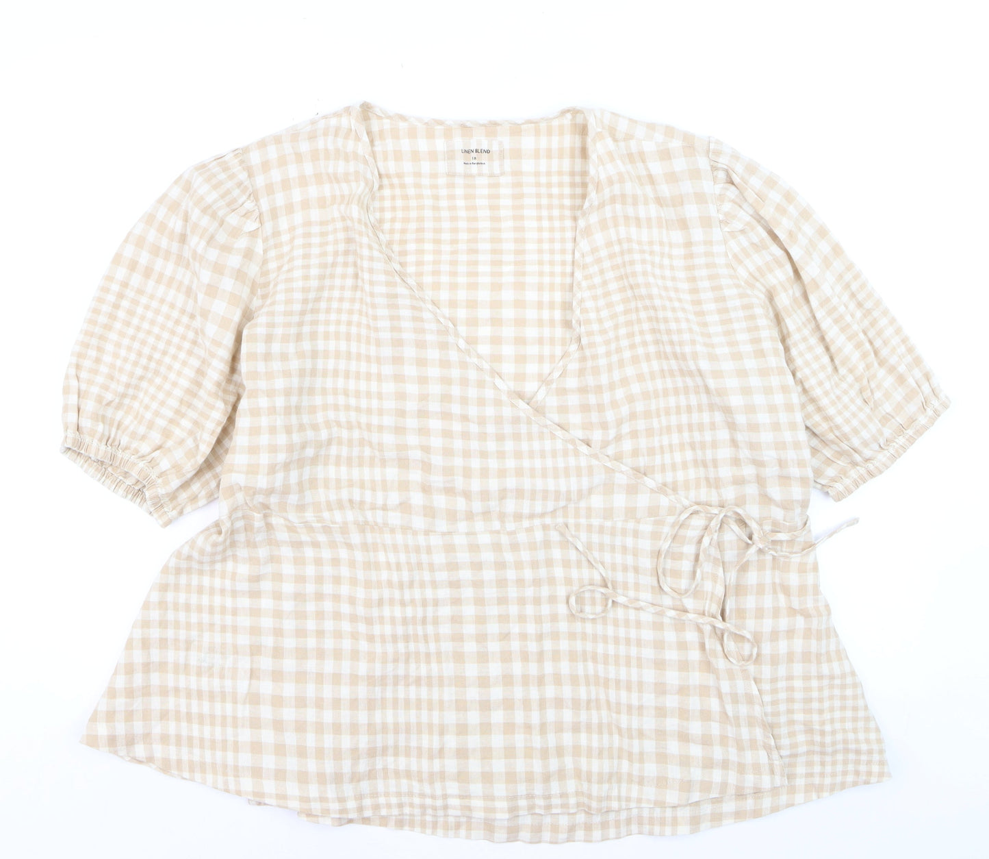 Marks and Spencer Women Beige Check Linen Blend Wrap Blouse Size 18