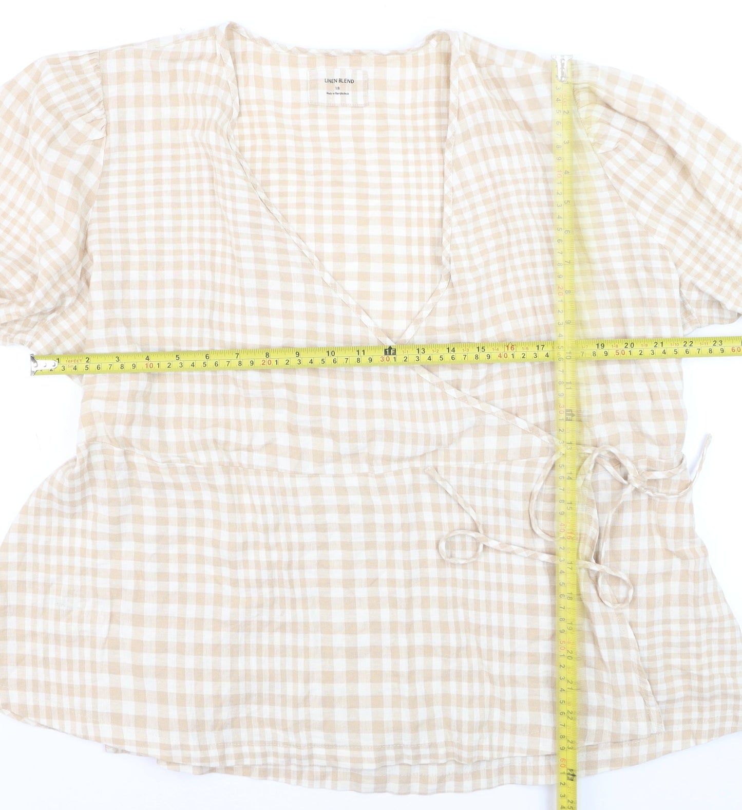 Marks and Spencer Women Beige Check Linen Blend Wrap Blouse Size 18