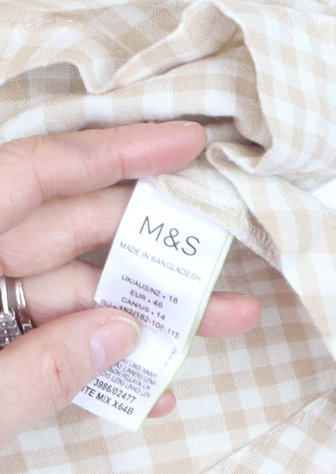 Marks and Spencer Women Beige Check Linen Blend Wrap Blouse Size 18