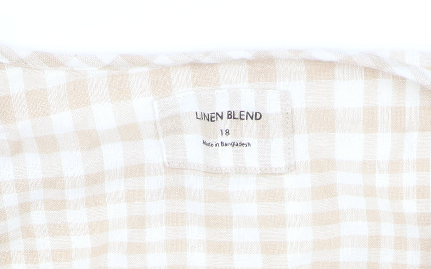 Marks and Spencer Women Beige Check Linen Blend Wrap Blouse Size 18