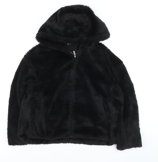 Zara Women's Black Faux Fur Hooded Zip Jacket Size 8