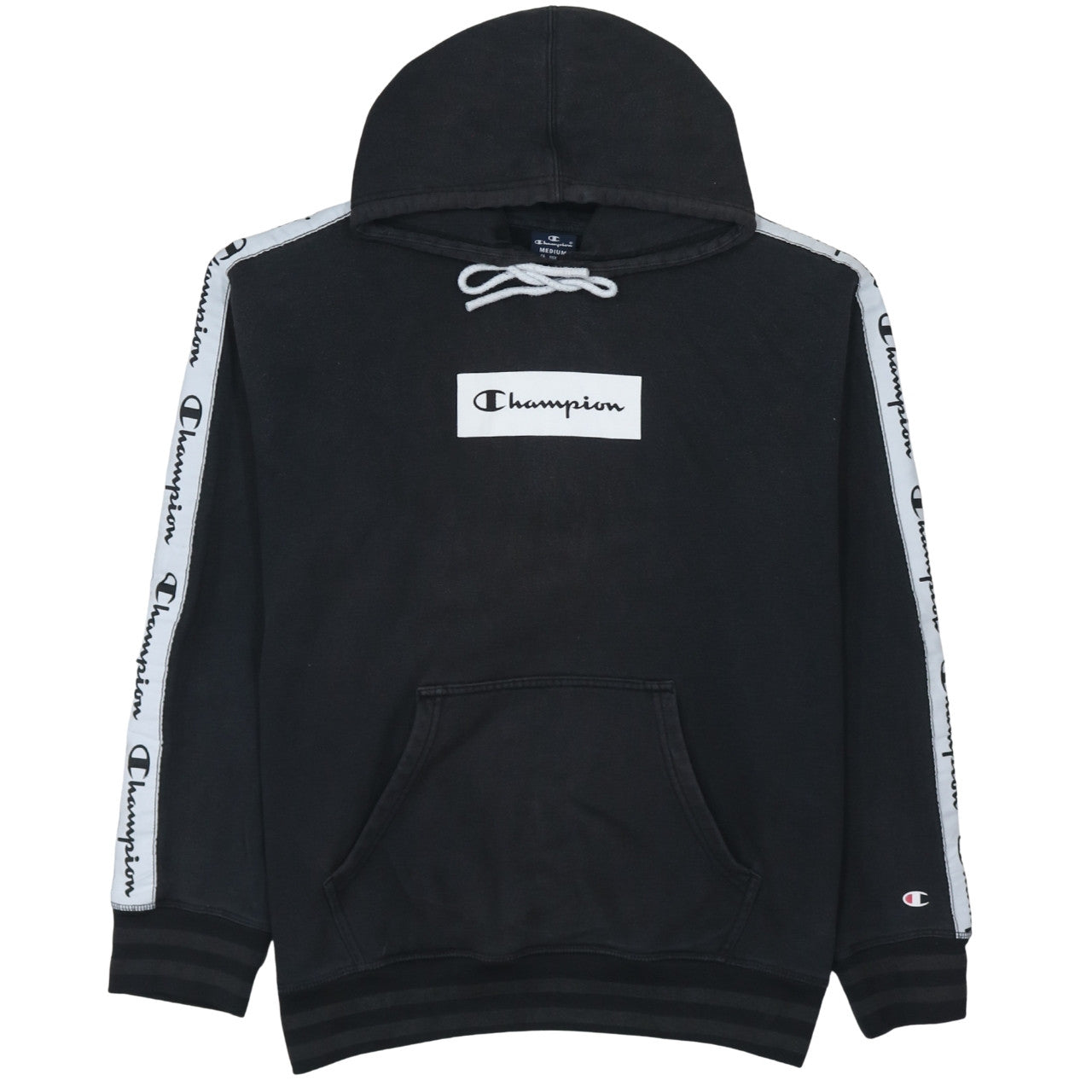 Champion Men’s Black Pullover Hoodie Medium Logo Tape Fleece