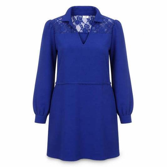 JDY Women's Blue Lace Collared Long Sleeve Shift Dress Size S