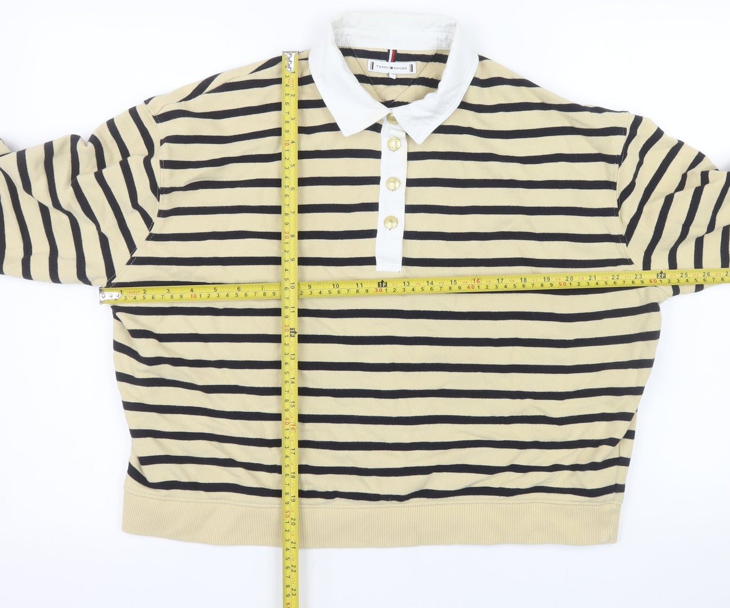 Tommy Hilfiger Women Beige Stripe Henley Sweatshirt Size M Cotton