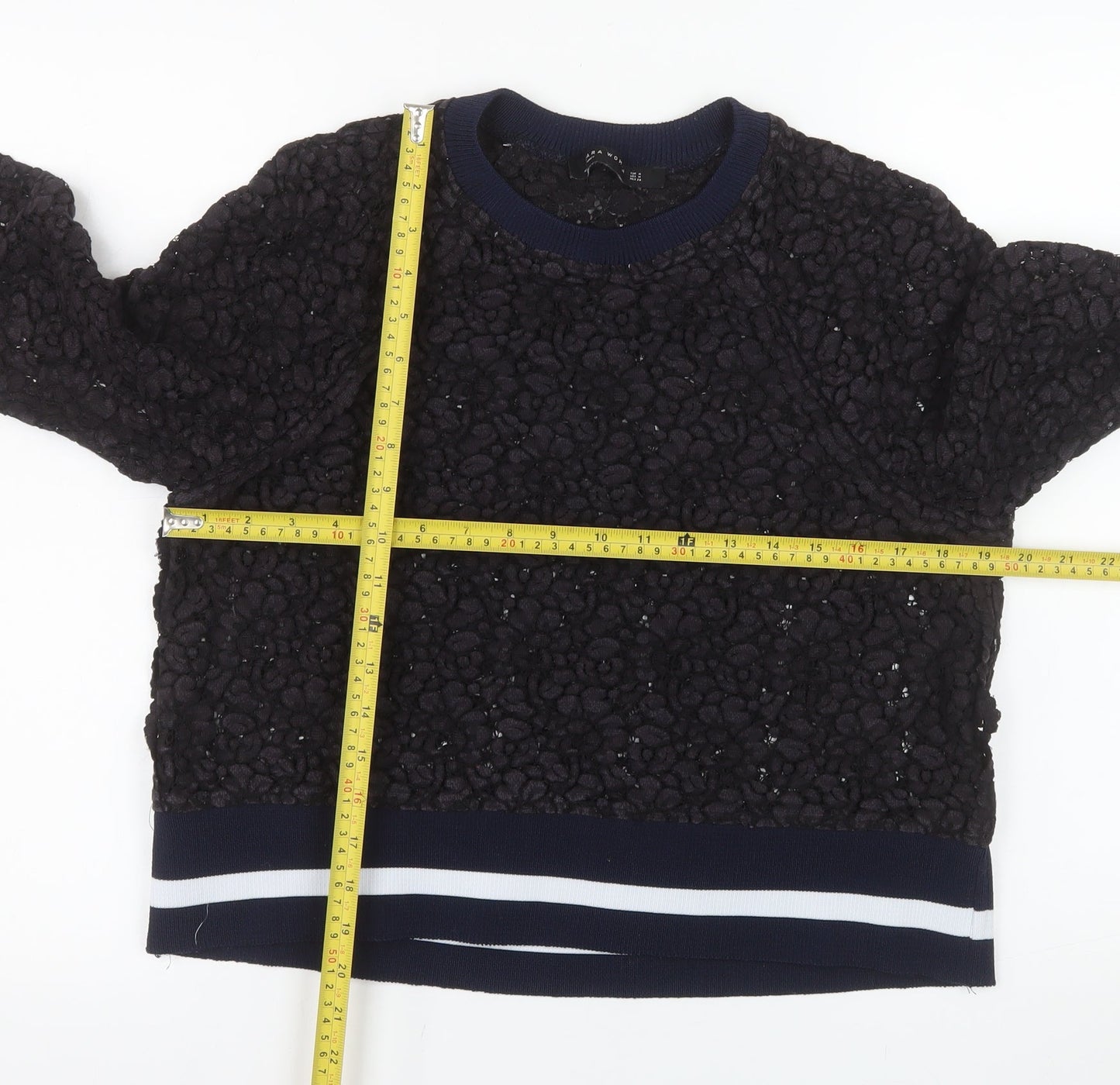 Zara Woman Navy Textured Lace Sweatshirt Women M Regular Fit
