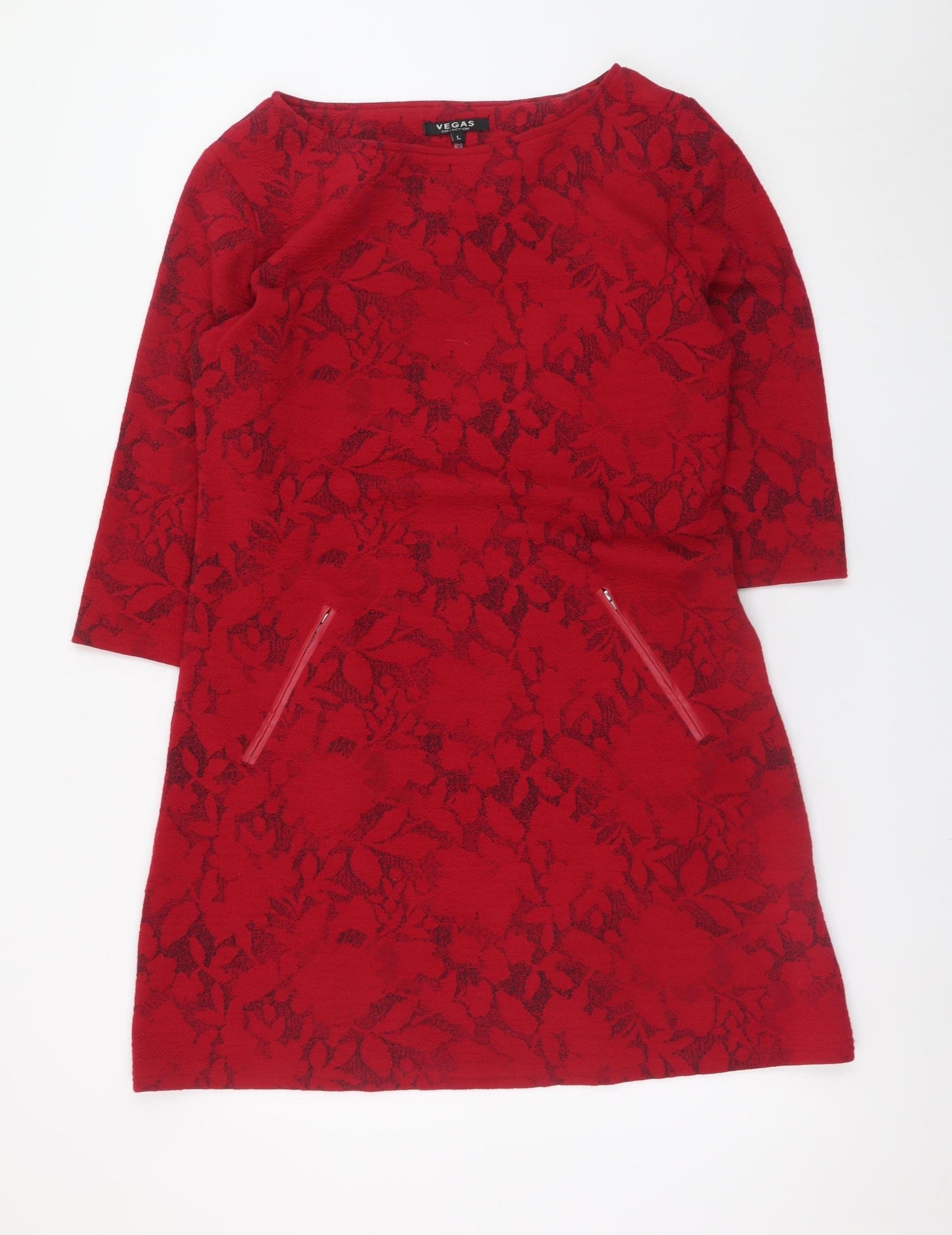 Vegas Women’s Red Floral Knit Shift Dress Size L 3/4 Sleeve