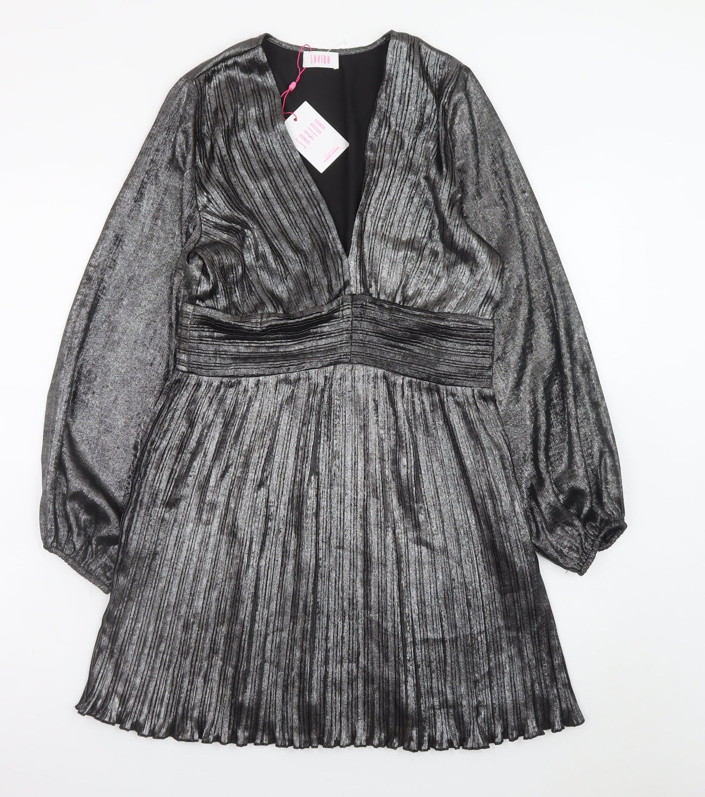 Savida Women’s Silver Pleated Skater Dress Size 10 Long Sleeve Partywear
