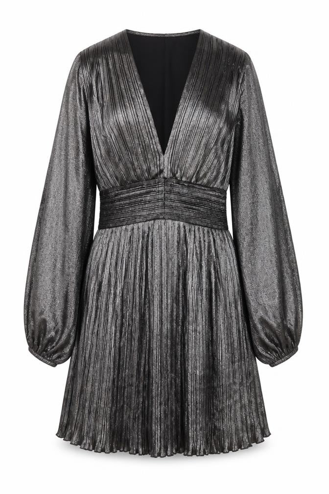 Savida Women’s Silver Pleated Skater Dress Size 10 Long Sleeve Partywear