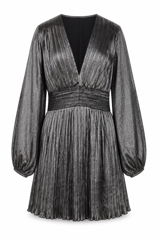 Savida Women’s Silver Pleated Skater Dress Size 10 Long Sleeve Partywear