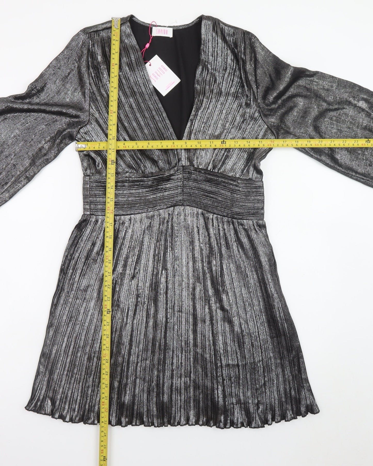 Savida Women’s Silver Pleated Skater Dress Size 10 Long Sleeve Partywear