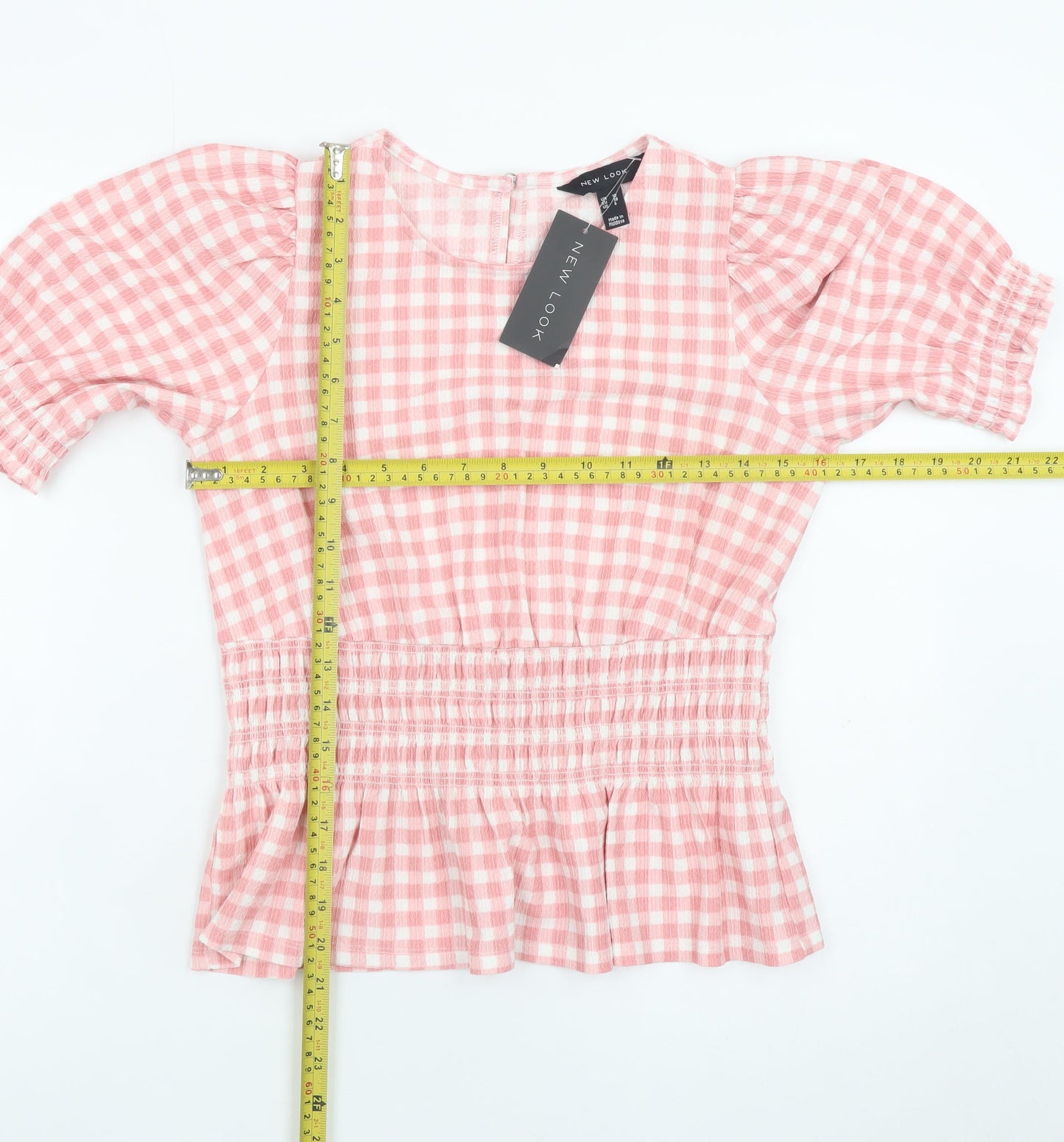 New Look Women Pink Checked Peplum Puff Sleeve Dress Size 10