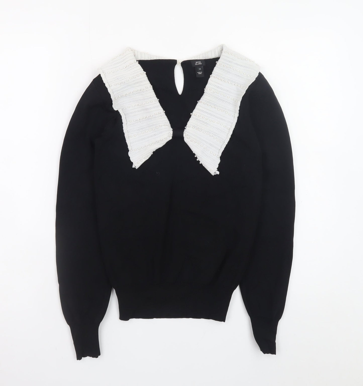 River Island Women’s Black Knit Jumper Size 10 with White Collar