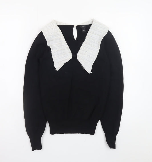 River Island Women’s Black Knit Jumper Size 10 with White Collar