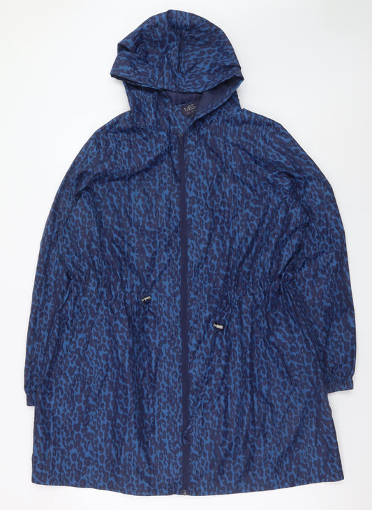 Marks and Spencer Women Blue Leopard Print Hooded Mid-Length Rain Coat Size L