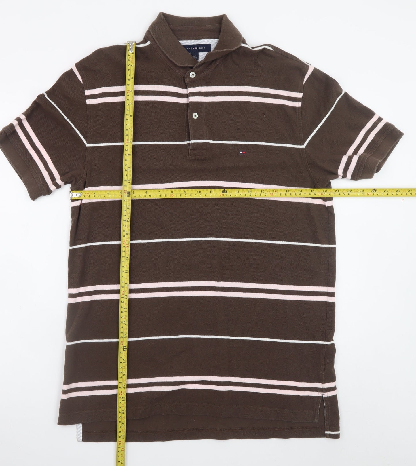 Tommy Hilfiger Men's Brown Striped Cotton Polo Shirt Size L