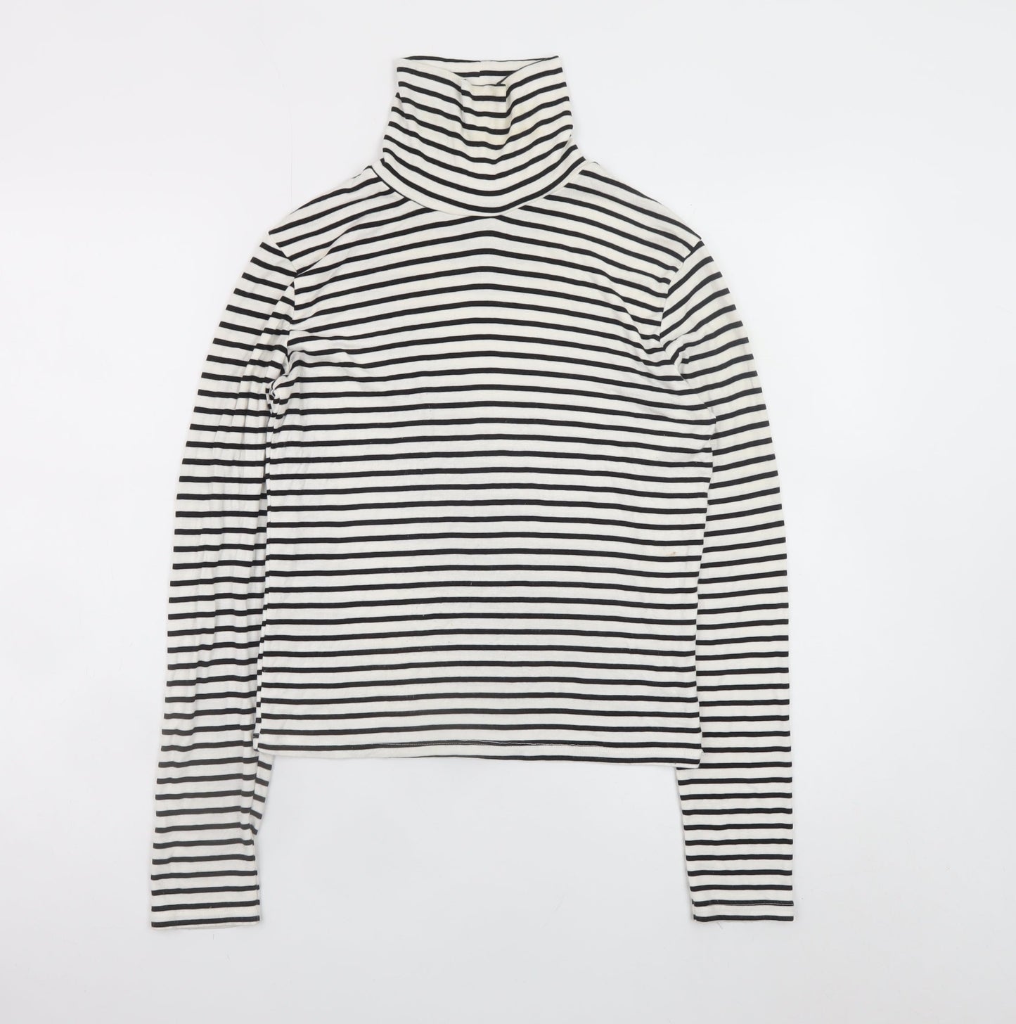 ZARA Women White Black Striped Roll Neck Long Sleeve Cotton Top L