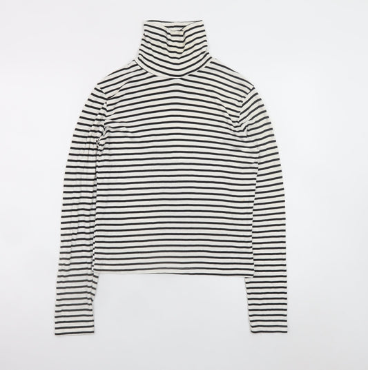 ZARA Women White Black Striped Roll Neck Long Sleeve Cotton Top L