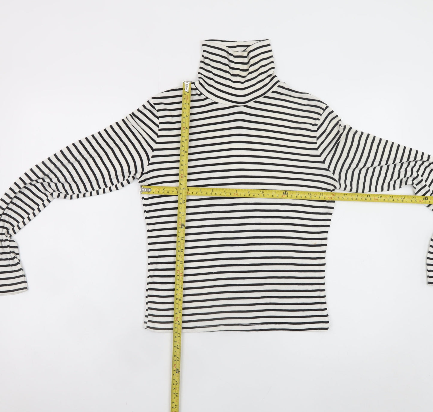 ZARA Women White Black Striped Roll Neck Long Sleeve Cotton Top L